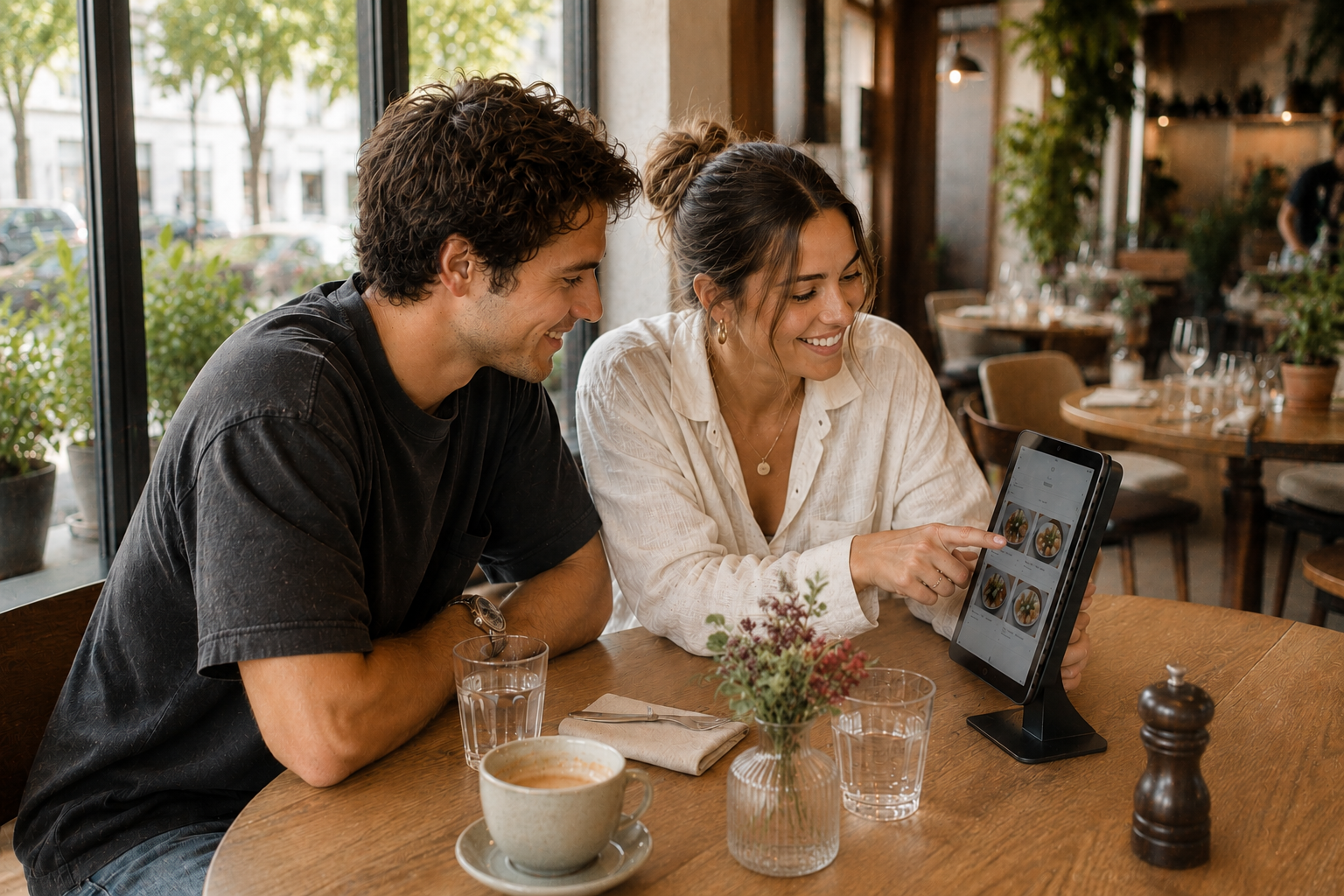 Twee gasten bestellen samen via een tablet aan tafel in een café