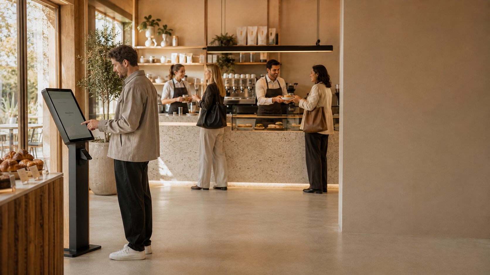 Gast plaatst een bestelling bij de bestelzuil terwijl het team rustig andere gasten aan de bar helpt